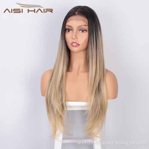 Aisi Hair High Quality 13x6 Long Silky Straight Wig Ombre Blonde Swiss Lace Wig Synthetic Hair Lace Front Wigs For Black Women